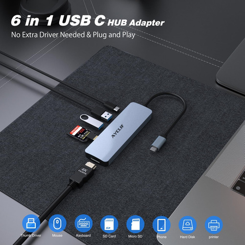 Hub Usb C 6 En 1, Adaptador Usb C Para Doble Monitor, Estaci