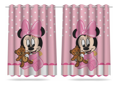 Imagem 2 de 9 de Cortina Infantil Quarto Minnie Baby + 3 Capas Almofadas