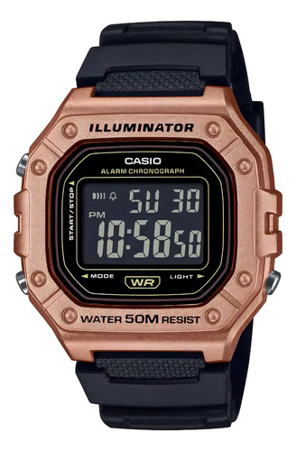 Reloj Casio Unisex W-218hm-5bv Correa Negro Bisel Oro Rosa Negro Oro Rosa Negro