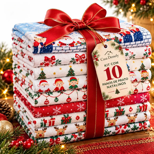 Kit 10 Panos de Prato de Natal Estampados em Algodão para Cozinha