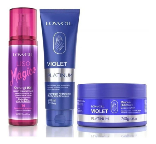 Violet Platinum Shampoo+ Máscara + Fluido Liso Mágico Lowell