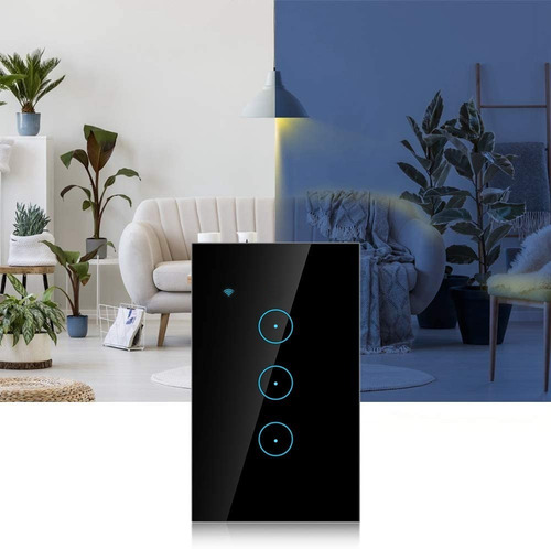 Imagen 2 de 8 de Interruptor De Luz Pared Wifi Interruptor Negro 3 Gang