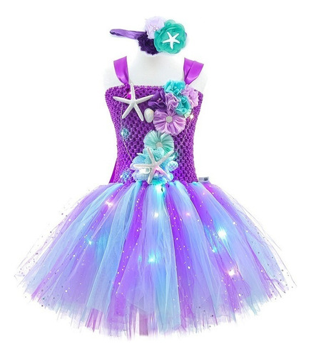 B Vestido De Princesa De Malla Morado Para Niña Con Luces