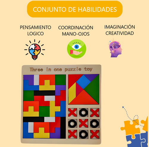 Rompecabezas De Madera Educativo 3 En 1 Para Niños Pequeños Tangram Tateti Tetris Juegos Mentales Para Niños De 3 A 6 Años