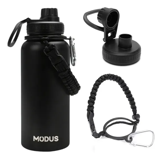 Garrafa Térmica 1000ml Aço Inox 304 Gelo 18h Quente 12h Com Alça Paracord Cor Preta-j252