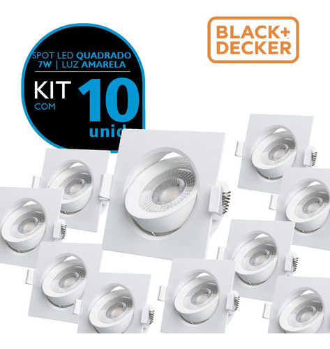 Kit Com 10 Spot Led 7w 3000k Amarela Quadrado Black+decker