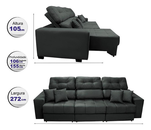 Sofá Retrátil E Reclinável Diamond 2,72m Tecido Suede Cinza Desenho do tecido Liso