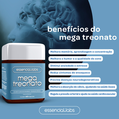 MEGA TREONATO 500mg - MAGNÉSIO com Fórmula desenvolvida para a Memória e Cognição - 60 Cápsulas