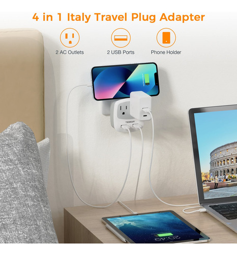 Adaptador De Enchufe De Viaje Tessan Italy Tipo L Con 2 Carg