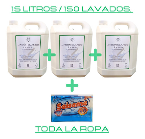 Jabón Blanco Líquido Lavarropas Mv 15l + 300g Jabón En Pan