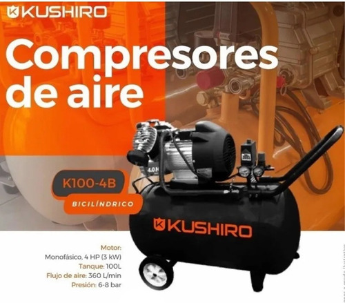 Compresor de aire eléctrico portátil Kushiro K100-4B monofásico 100L 4hp 220V negro