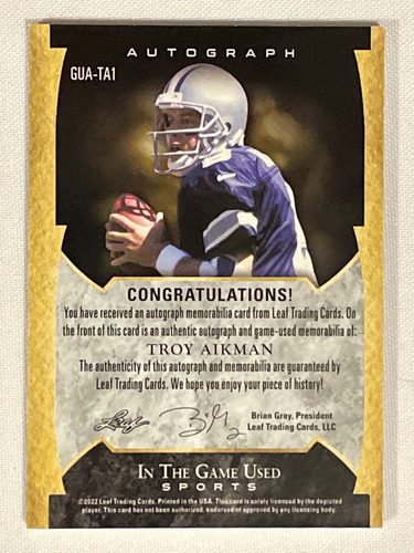 Autografo Troy Aikman Jersey Card Autografiada Leaf Tarjeta (Usado)