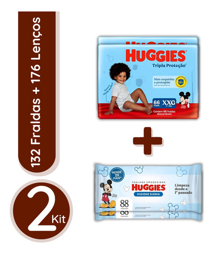 2 Kit Huggies Fralda Tripla Proteção Xxg+ Lenço Umedecido 88