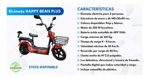 Bicimoto Eléctrica Mod Happy6 Roja Bat Plomo Extraible 350w