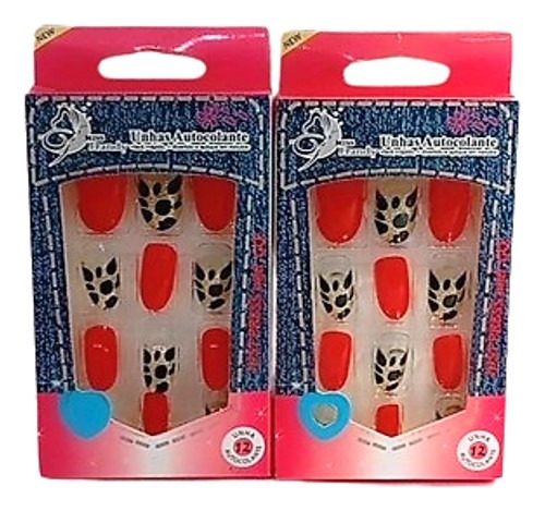 Unha Postiça Decorada Nail Style Kit C/ 2 Cor Onça Com Vermelho Listras