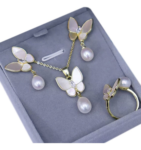 Perlas Cultivadas Mariposa Collar Aretes Anillo + Estuche