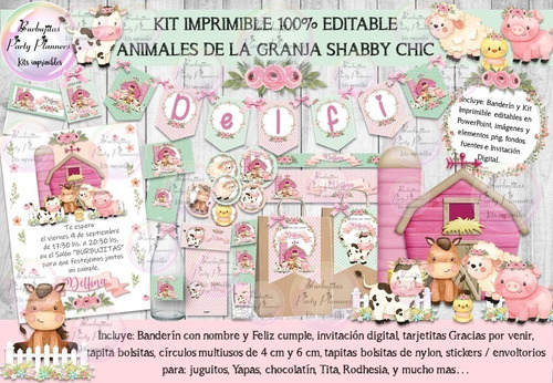 Kit Imprimible Animales De La Granja Shabby  100% Editable