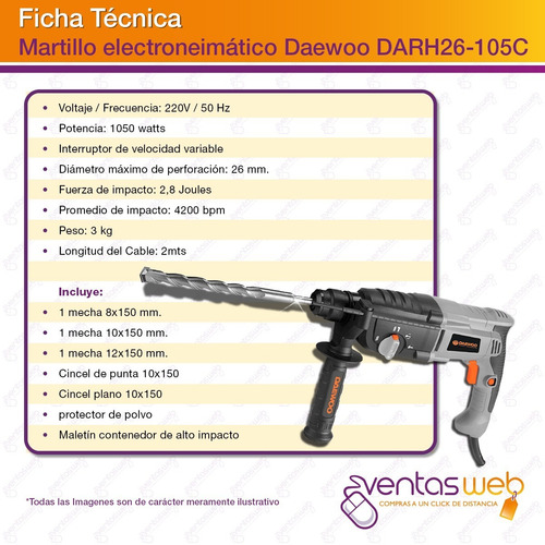 Imagen 4 de 5 de Rotomartillo Cincelador Daewoo 2,8j 1050w + Maletin Y Mechas