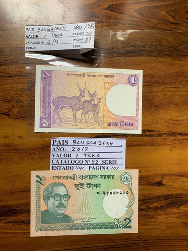 Robmar-lote De 2 Billetes De Bangladesh De 1 Y 2 Taka