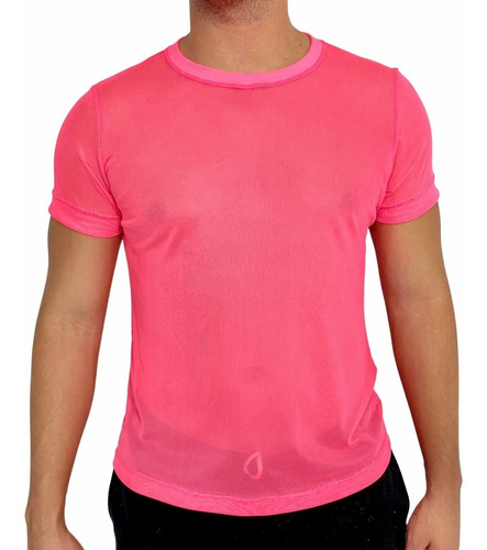Camiseta Transparente Malha De Tule Rosa Neon