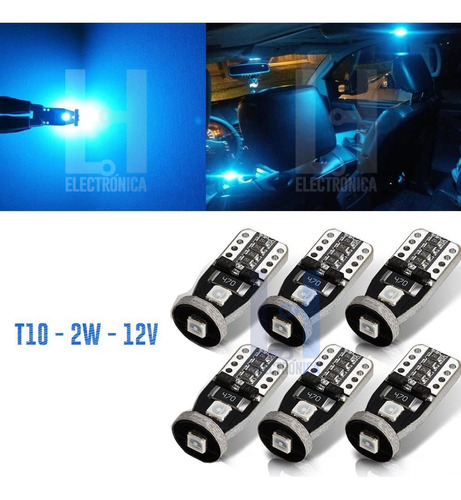 Kit 6 Luces Led T10 Cola De Pescado 2w  Canbus / Azul