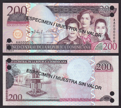 Bn8256 Rep. Dominicana 2007 200 Pesos Ouro Specimen Rara