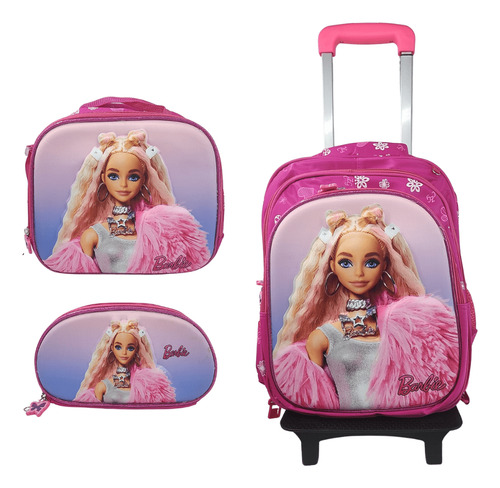 Mochila Escolar De Barbie Con Ruedas + Estuche + Lonchera  