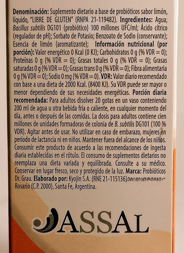 Probiótico Bacillus Subtili Dg101 Kyojin 60ml Limón Sin Tacc Sin Sabor