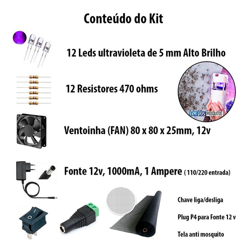 Imagem 2 de 9 de Kit Led P/ Armadilha De Mosquito Led+resistor+fonte+conector