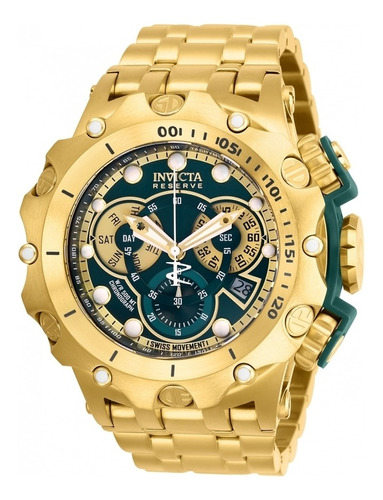 Relógio de pulso Invicta Reserve Venom 27793 com corpo dourado,  analógico, para masculino, fundo  verde, com correia de aço inoxidável cor dourado, agulhas cor dourado e branco, subdials de cor branco e dourado, subesferas cor dourado e verde, ponteiro de minutos/segundos preto, bisel cor dourado e dobrável