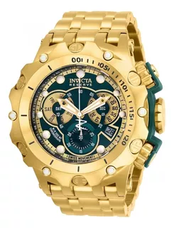 Relógio de pulso Invicta Reserve Venom 27793 com corpo dourado, analógico, para masculino, fundo verde, com correia de aço inoxidável cor dourado, agulhas cor dourado e branco, subdials de cor branc