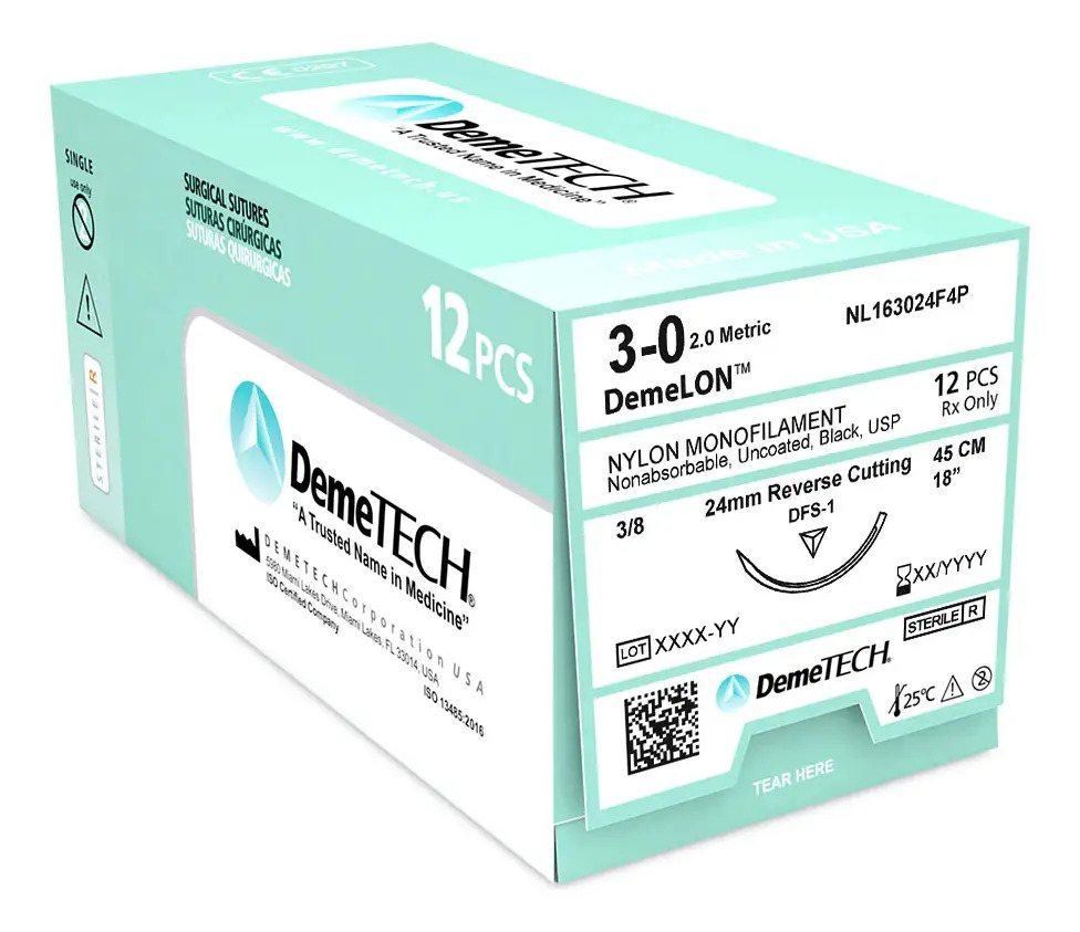 Sutura No Absorbible Nylon 3-0 aguja Reverso Cortante 24 mm 3/8 circulo hebra de 45 cm color Negro. Caja con 12 piezas.