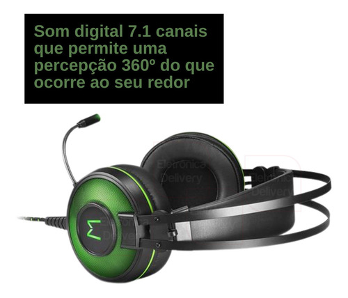 Imagem 3 de 6 de Fone Headset Gamer 7.1 Usb C/ Led Verde Warrior Raiko Ph259