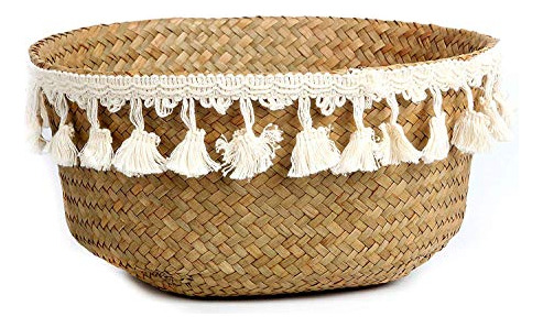 Cesto De Mimbre Tejido A Mano Con Borlas De Macramé Para Alm