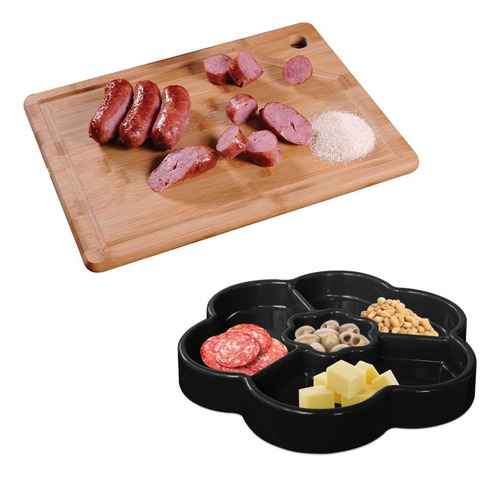 Kit Tabua De Cortar Carne 35x25cm + Petisqueira Preta