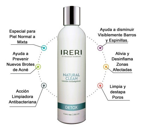 Imagen 2 de 9 de Loción Facial Antiséptica Limpieza Exfoliante Natural Piel Mixta A Normal Con Tendencia A Acné Seborrea Granos Espinillas Barros Línea Detox Natural Clean Ireri ®