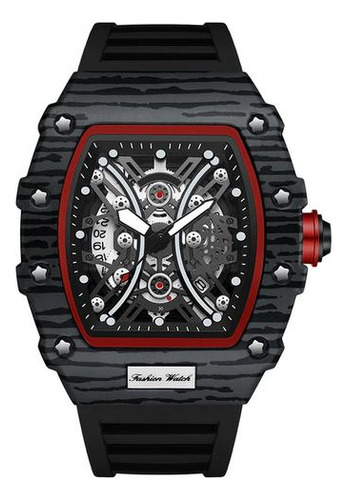 Relógio de pulso Sanda 7044 Black Body, analógico, para homens, com pulseira de silicone preta, agulhas vermelhas, moldura cinza e fivela simples