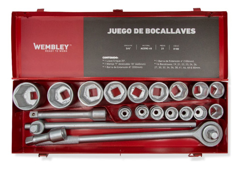 Juego Bocallaves 3/4  Wembley 180 Caja Metálica 21pzs 