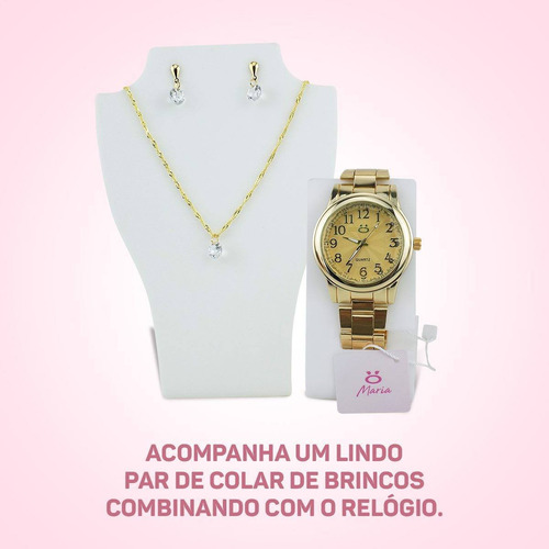 Kit Relógio+ Colar/brinco Feminino Dourado Original Strass