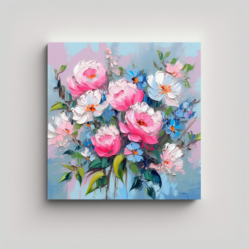 70x70cm Pintura Floral En Tela Rosa Y Azul Bastidor Madera