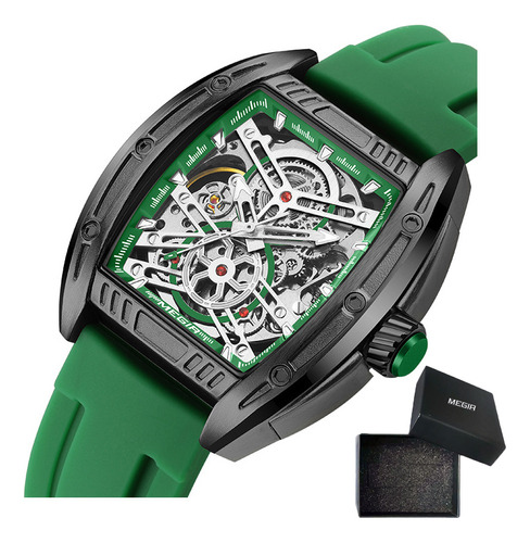 Reloj Mecánico Hueco De Silicona Luminoso De Megir Color De La Correa Negro/verde
