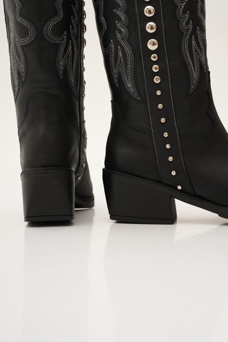 Botas Texanas Mujer Cuero Taco Medio Tachas Bordados Herol