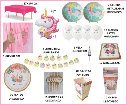 Pack Cumpleaños Unicornio X10- Globos/cotillon- Globifiesta