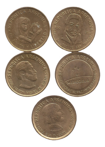 5 Monedas De 50 Centavos Evita San Martin Guemes Etc
