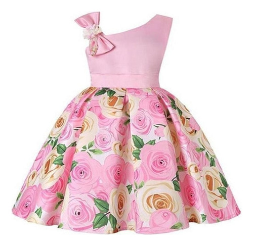 Vestido Princesa De Niñas Con Hombros Oblicuos Y Estampado