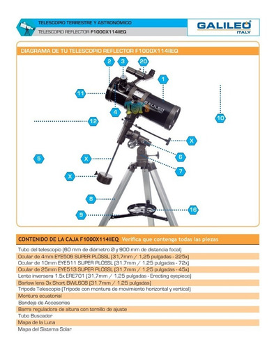 Imagen 5 de 10 de Telescopio Galileo Ecuatorial 1000x114 Reflector Aument 750x