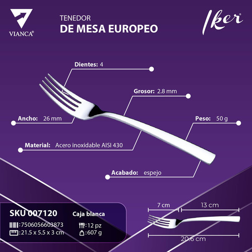 Tenedor De Mesa Europeo 12 Pz. Vianca Acero Inox. Iker
