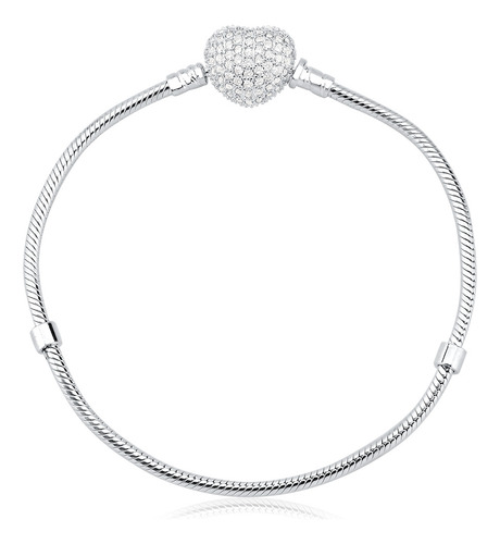 Pulseira Para Berloques De Prata 925 Coração Com Zircônias Comprimento 19 cm