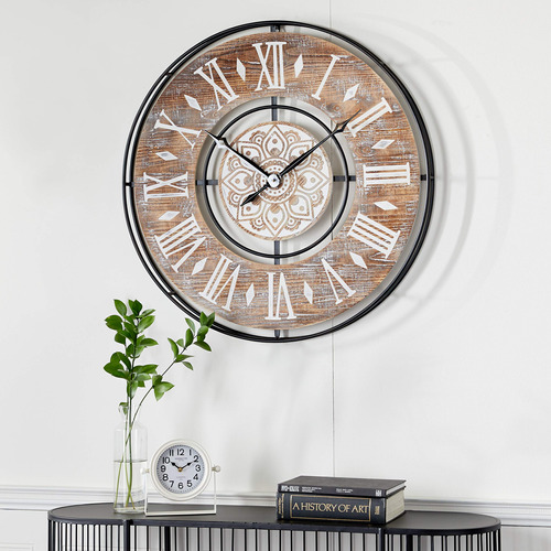 Deco Reloj Pared Metal Detall Madera Marron