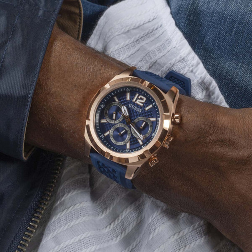 Reloj Guess Gw0729g3 Hombre Cronografo Malla Azul Bisel Bronce Fondo Azul